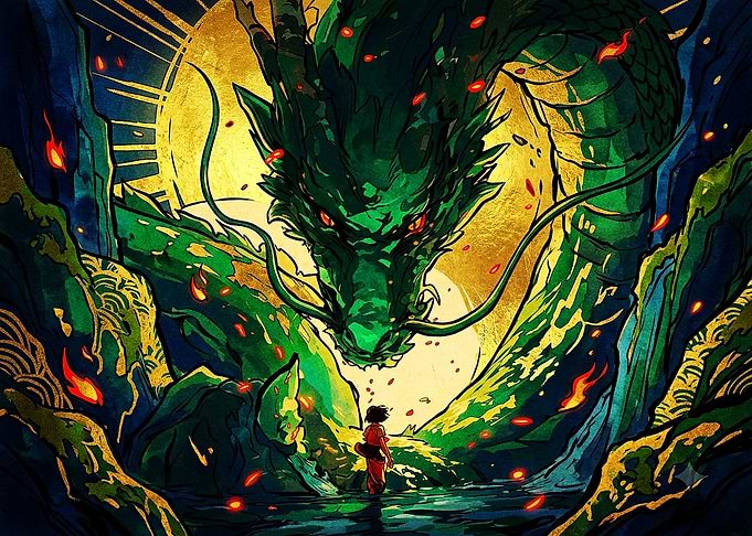 Majestic Green Dragon and Small Figure