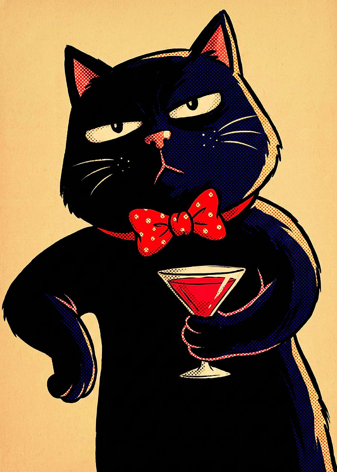 Sophisticated Black Cat with Cocktail