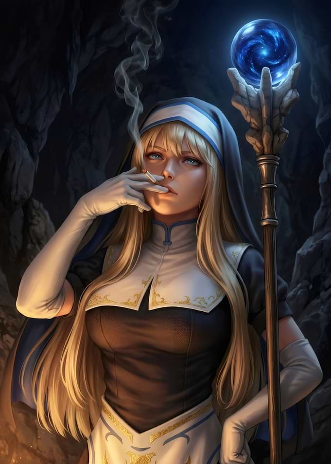 Blonde Nun Mage with Magic Staff