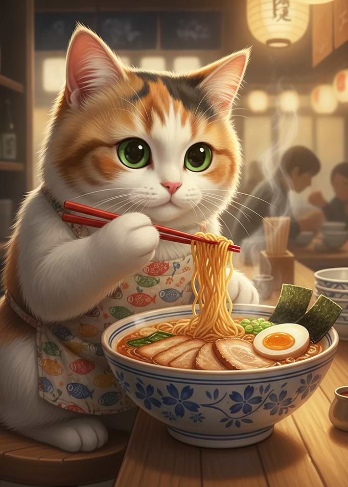 Cute Cat Eating Ramen Noodles