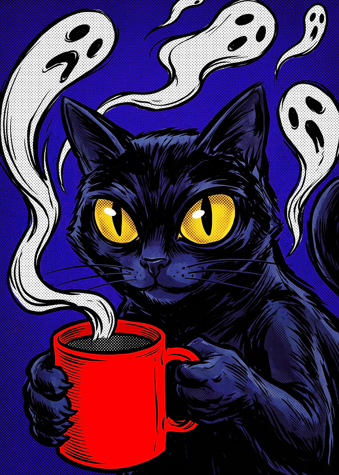 Black Cat Drinking Coffee with Ghosts