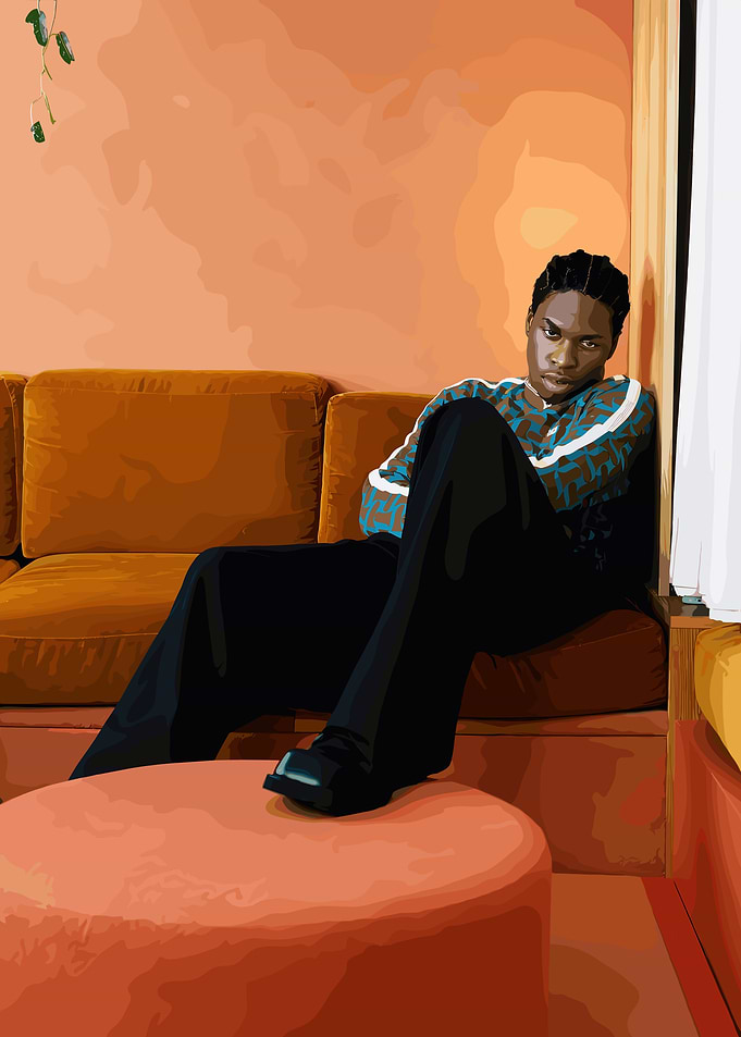 Stylish man lounging on orange sofa