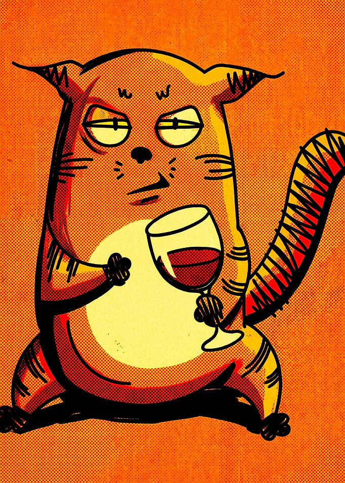 Grumpy Orange Cat Drinking Wine