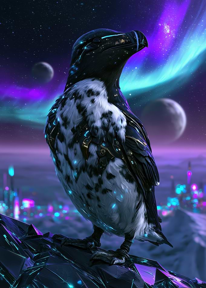 Cybernetic Penguin in Alien Landscape