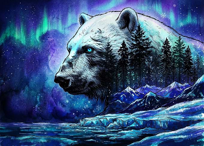 Polar Bear Northern Lights Double Exposure