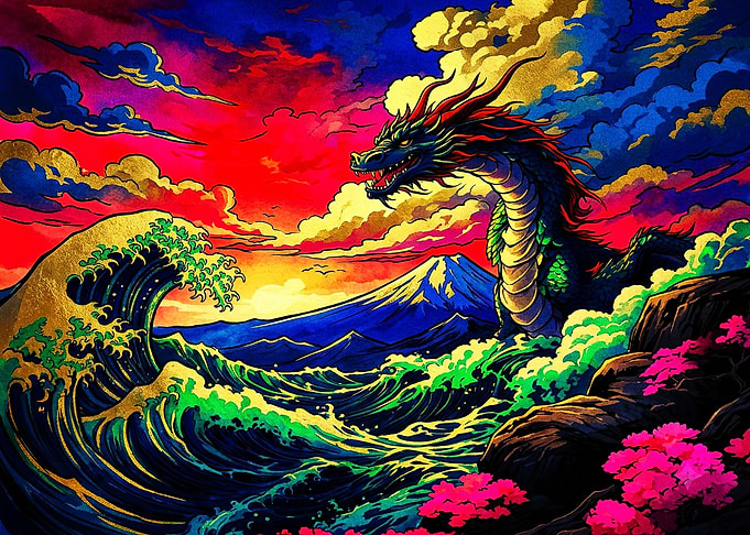 Vibrant Japanese Dragon and Great Wave