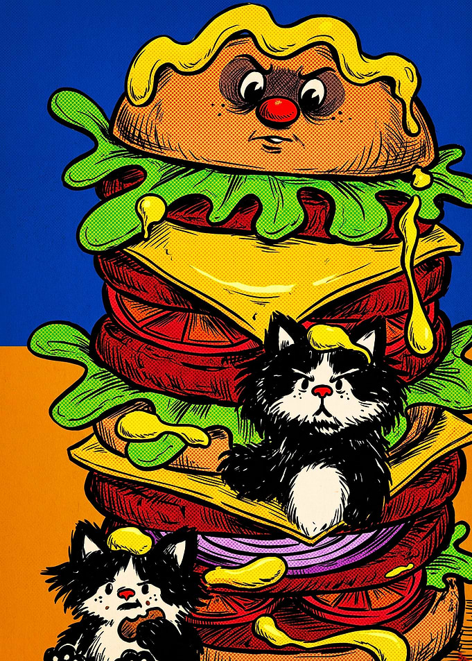 Grumpy Cats and Giant Burger Illustration