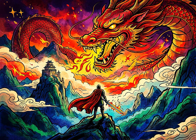 Knight Facing a Giant Red Dragon