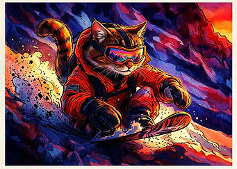 Cool Cat Snowboarding Down Mountain