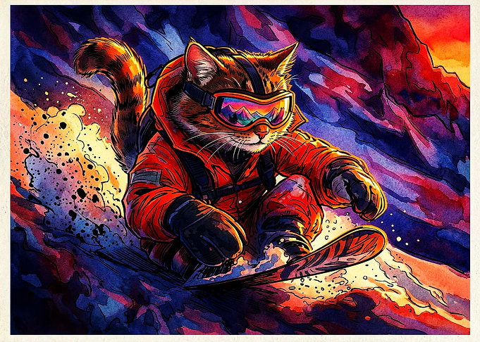 Cool Cat Snowboarding Down Mountain