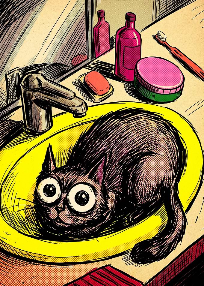 Wide-Eyed Cat Sitting in Sink