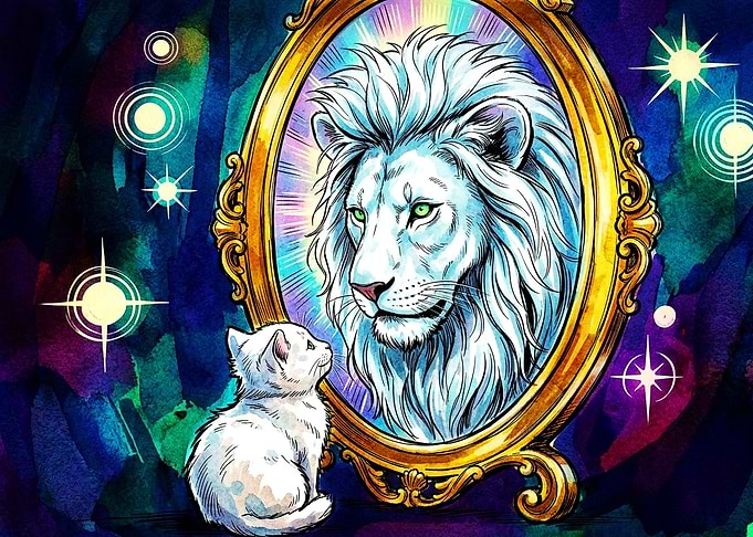 Kitten Sees Lion Reflection