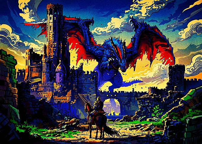 Knight Confronting Dragon at Castle