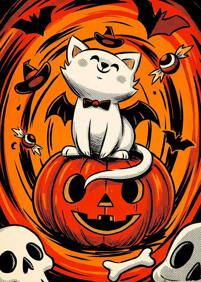 Cute Halloween Cat on Pumpkin