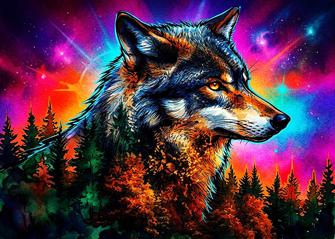 Vibrant Cosmic Wolf Forest Portrait