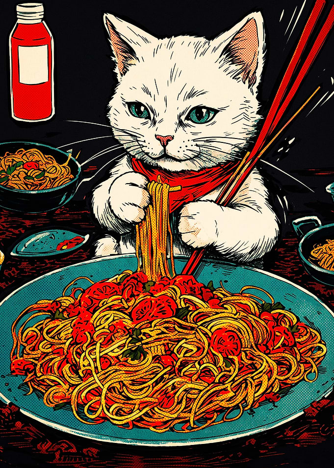 Cute Cat Eating Spaghetti Illustration