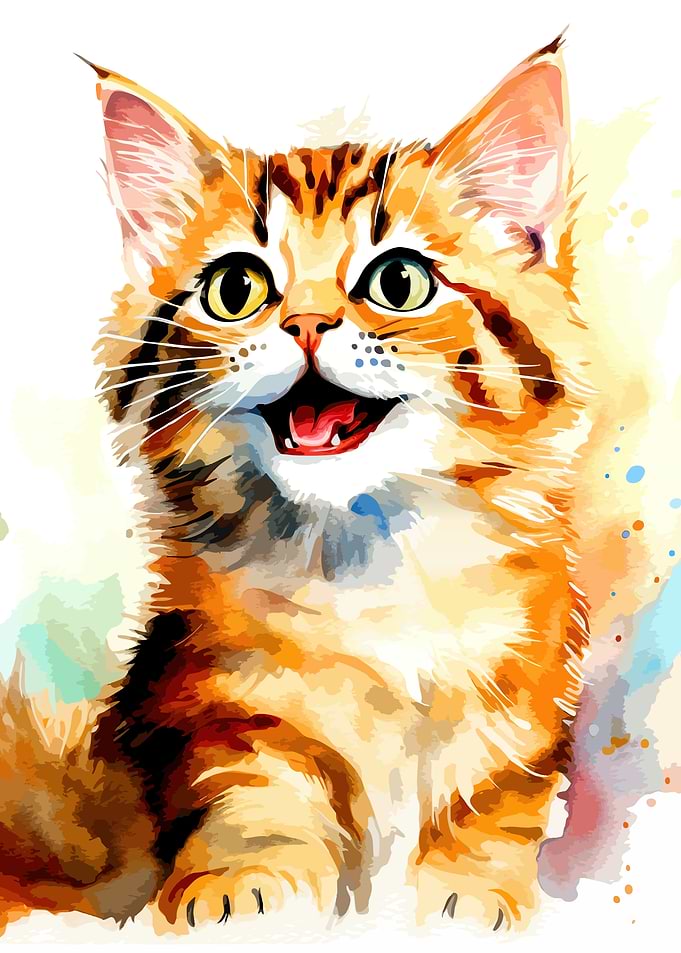 Watercolor Portrait of a Happy Kitten