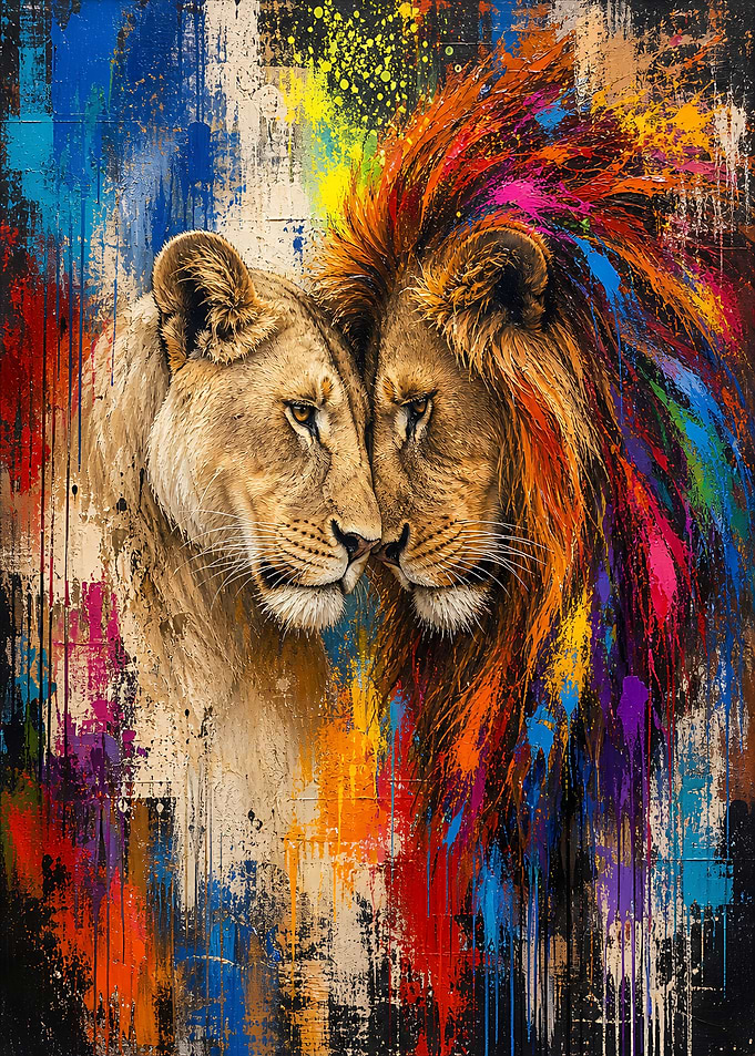 Colorful Lion and Lioness Portrait
