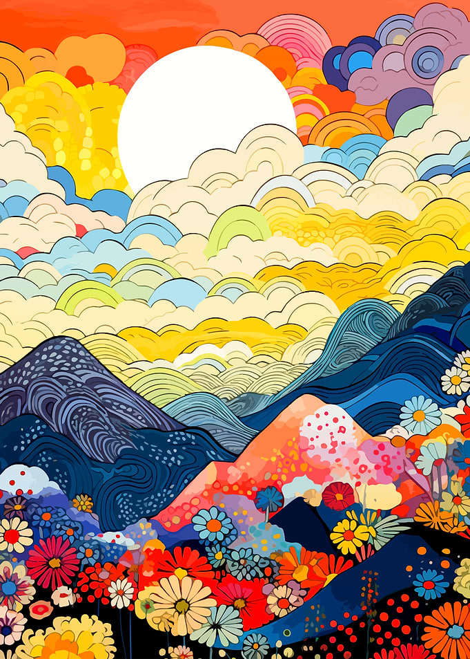 Vibrant Abstract Mountain and Flower Landscape