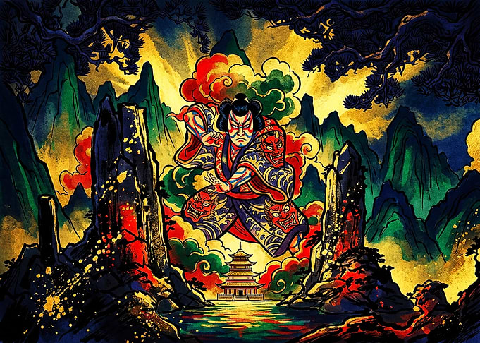 Kabuki Warrior in Mountain Landscape