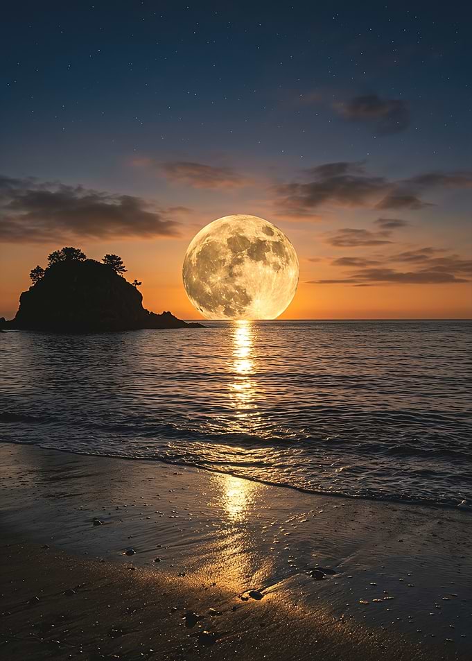 Giant Full Moon Over Ocean Beach