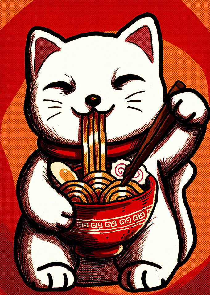 Lucky Cat Eating Ramen Illustration