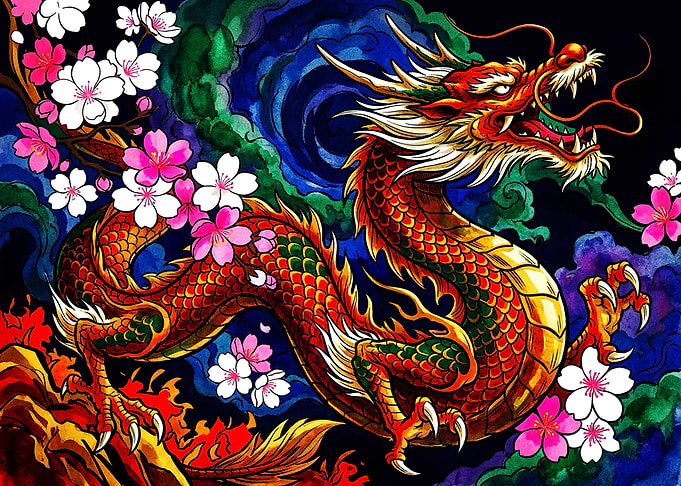 Vibrant Japanese Dragon and Cherry Blossoms
