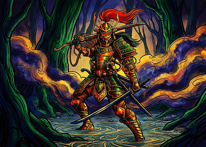 Cybernetic Samurai in Enchanted Forest