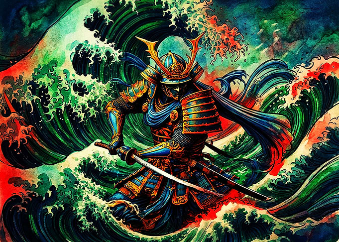 Samurai Warrior Amidst Turbulent Waves