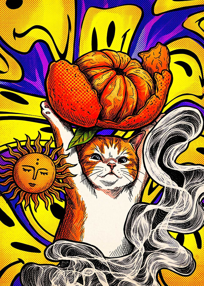 Psychedelic Cat Holding an Orange