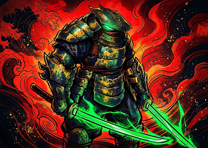 Crab Samurai with Glowing Green Blades