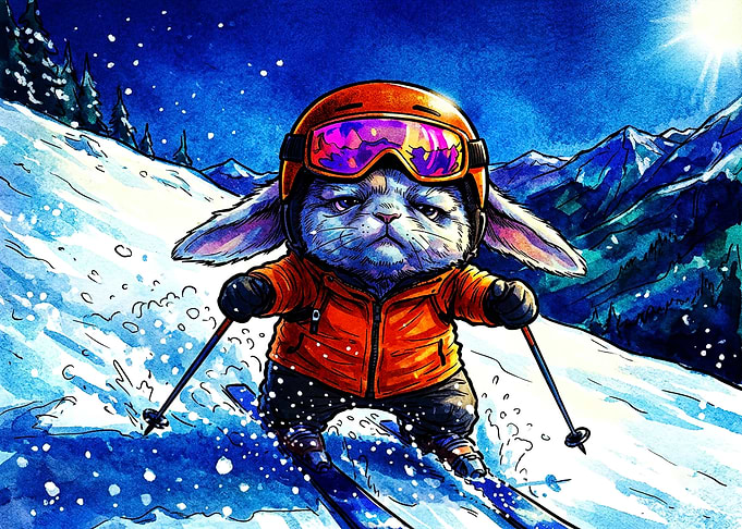 Cute Rabbit Skiing in Mountains