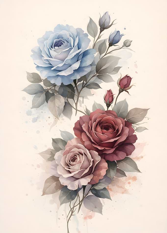 Blue Burgundy Rose Watercolor Bouquet