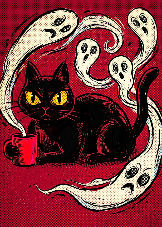 Black Cat with Coffee and Ghosts