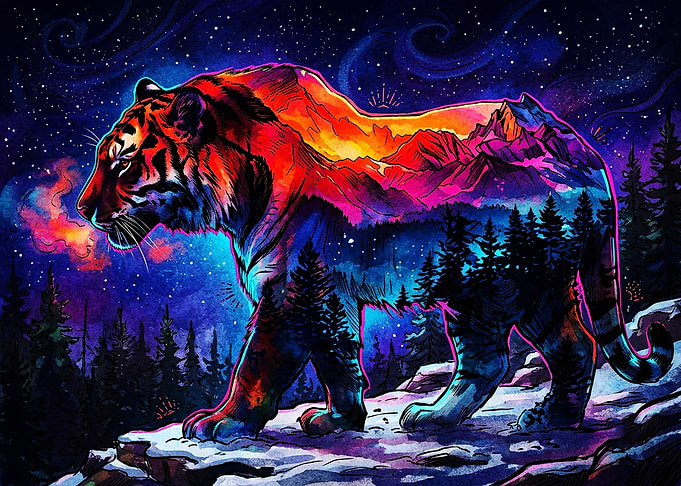 Double Exposure Neon Tiger Landscape