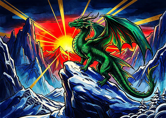 Green Dragon Perched on Mountain Peak