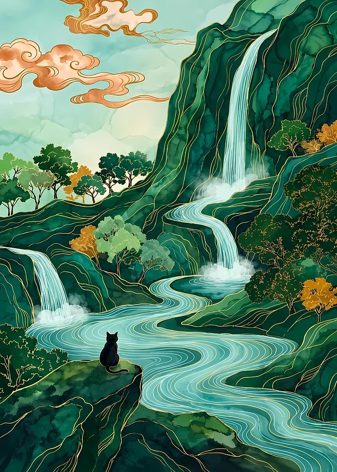 Black Cat Watching Serene Waterfall Landscape
