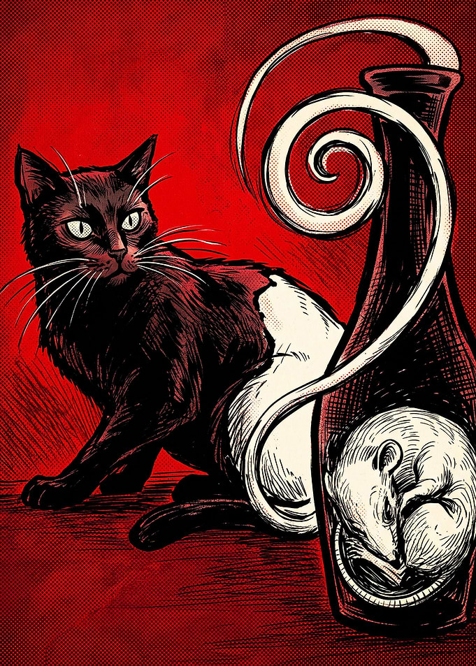 Black Cat and Bottled Rat Illustration
