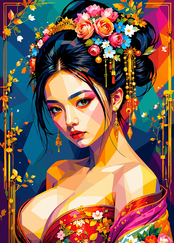 Vibrant Geometric Portrait of Geisha