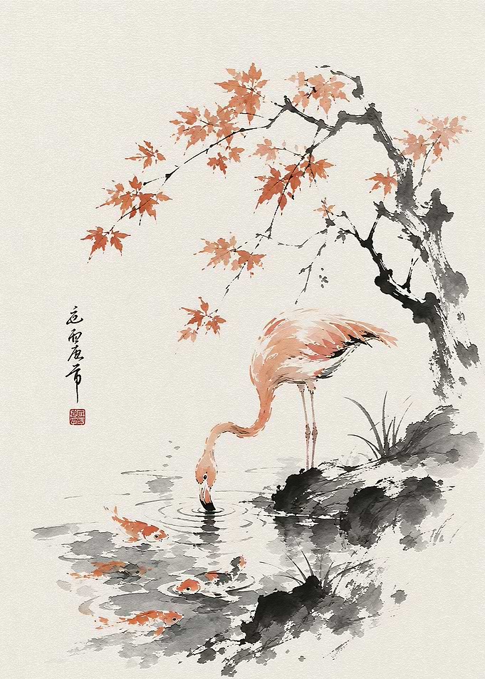 Flamingo and Koi Fish Ink Painting