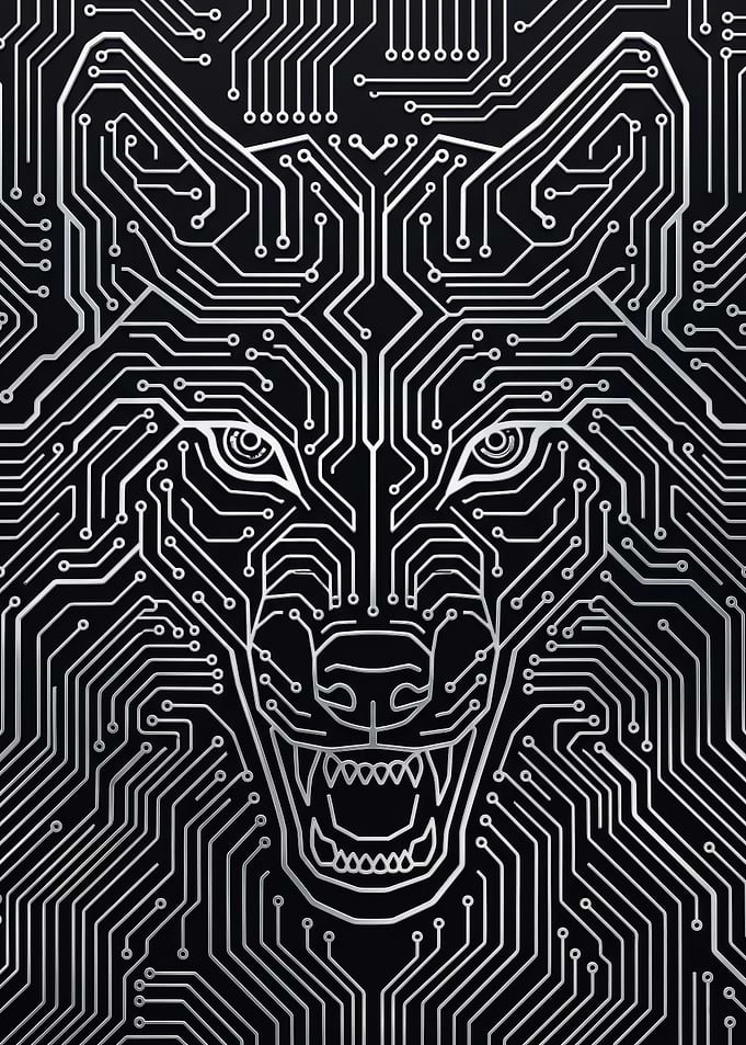 Silver electronic circuit board wolf head portrait