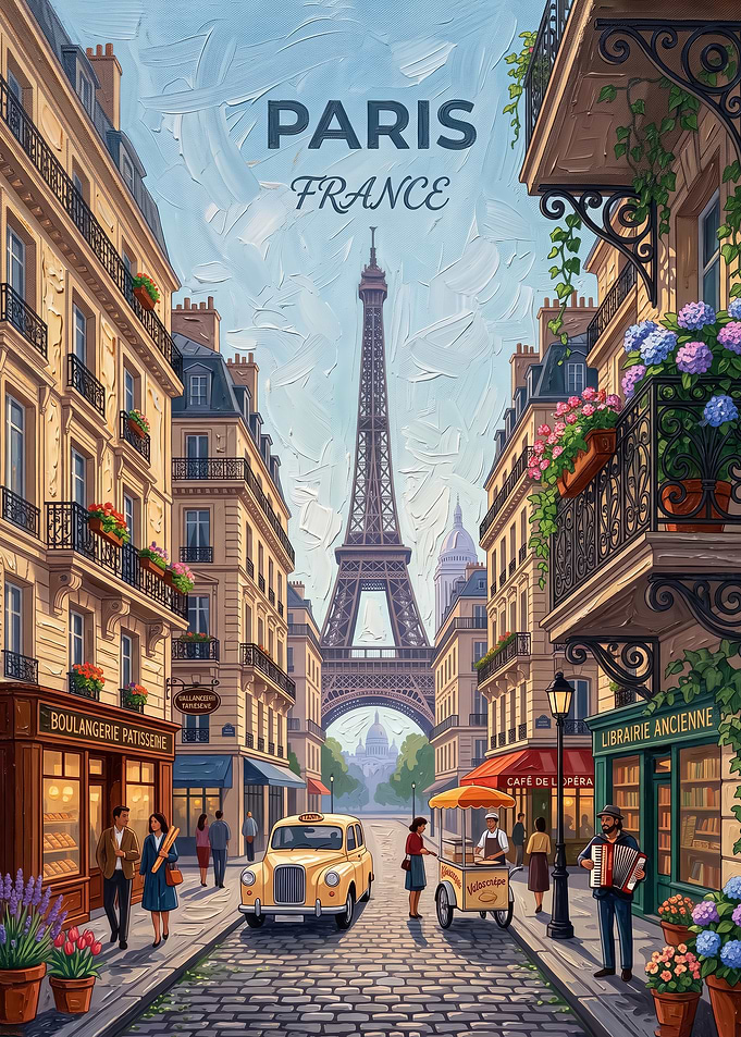 Paris France Eiffel Tower Street Scene poster