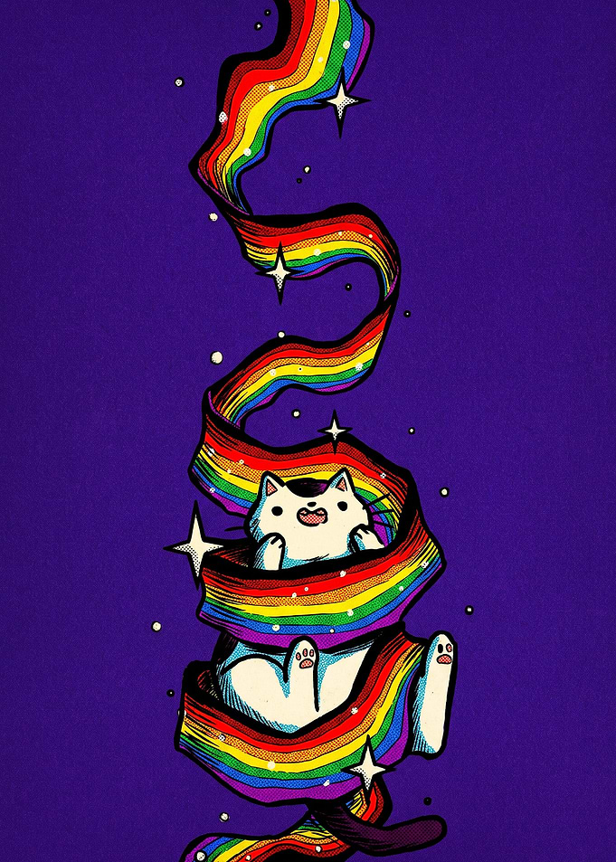 Cute Cat Wrapped in Rainbow Ribbon