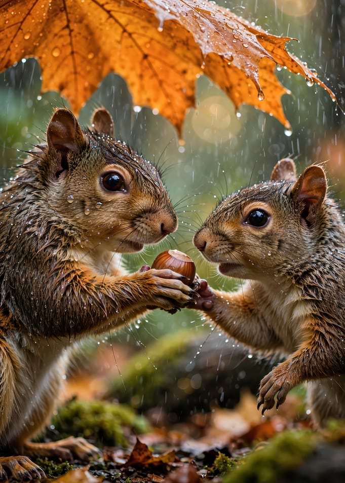 Two Squirrels Sharing an Acorn