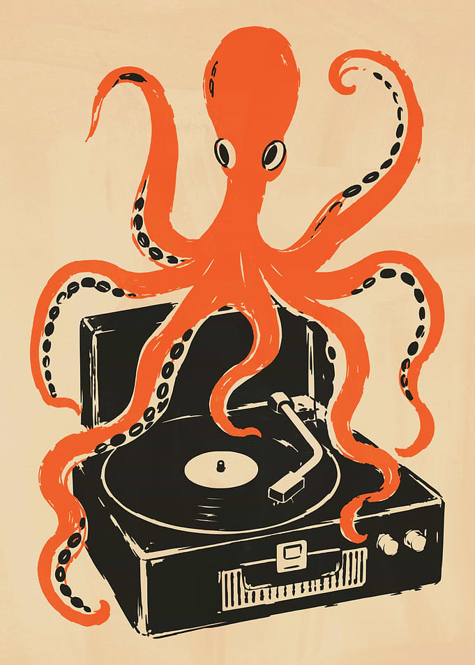 Orange Octopus Playing Vinyl Record Player