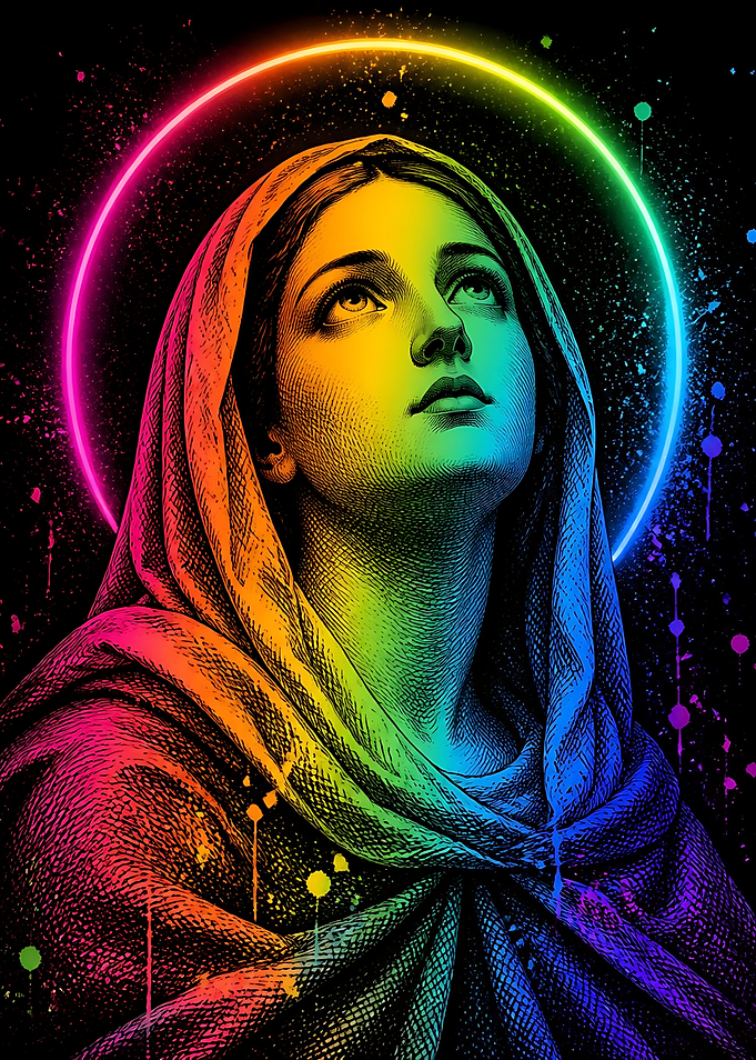 Neon Rainbow Virgin Mary Portrait