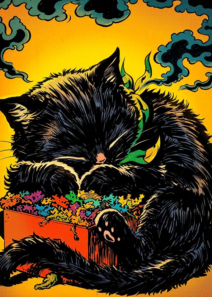 Sleeping Black Cat in Box Illustration