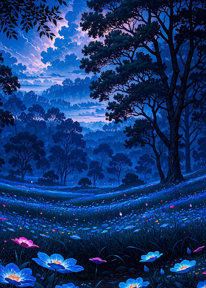 Enchanted Blue Forest Meadow at Night Landscape