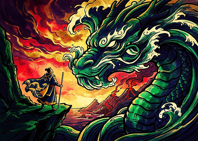 Warrior Facing a Majestic Water Dragon