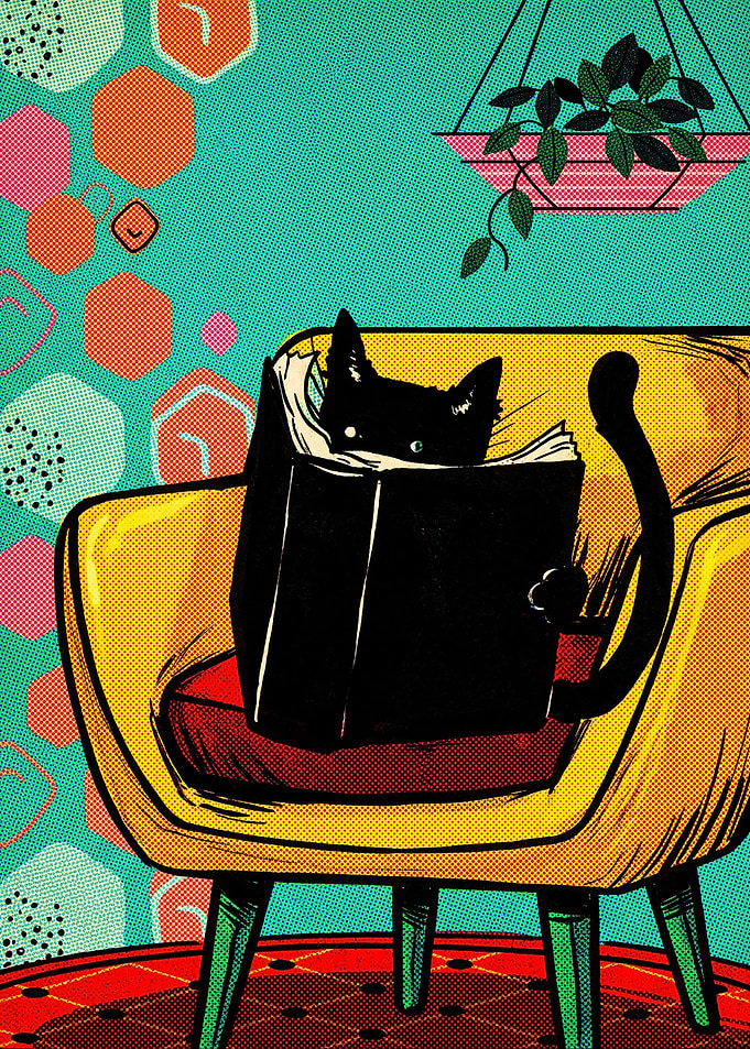 Black Cat Reading a Book